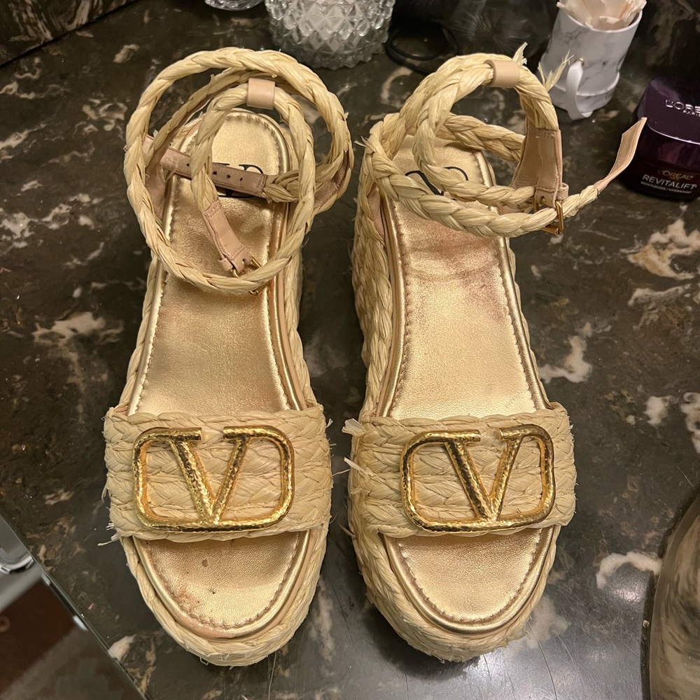 Valentino Cream Espadrille Sandals with Gold Logo